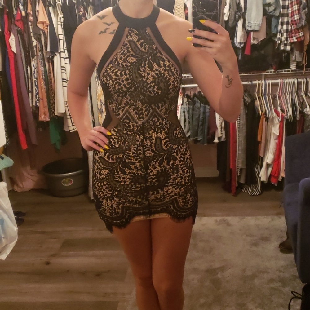 Sexy black & nude lace cocktail dress